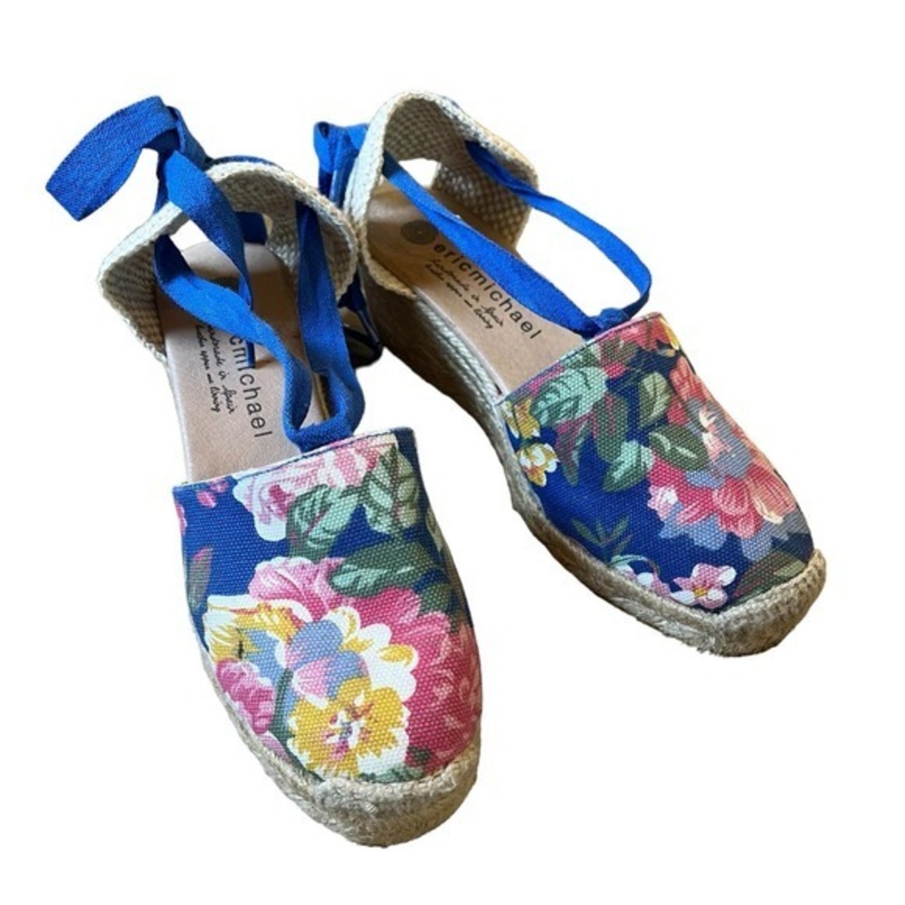 Eric Michael Valenciana Floral Blue Brights Espedrille Wedge Shoes Size 39